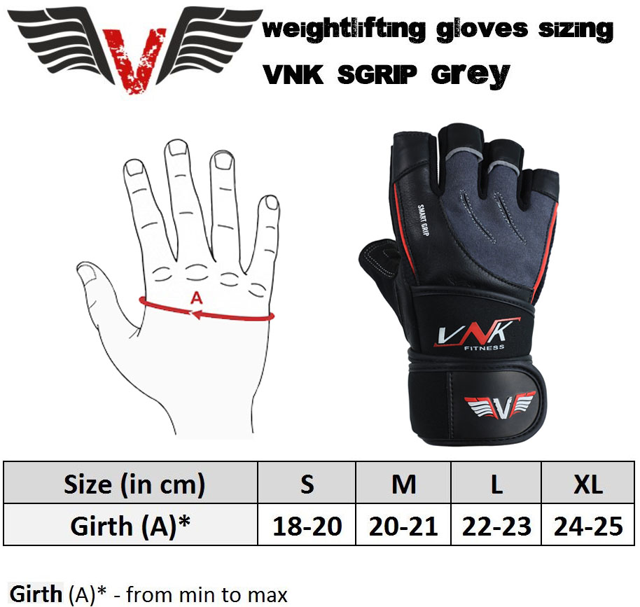 VNK SGRIP Gym Gloves Grey size chart